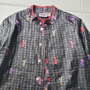 Chico's Design Jacket Womens Medium Black 100% Silk Asian Print Mandarin Collar